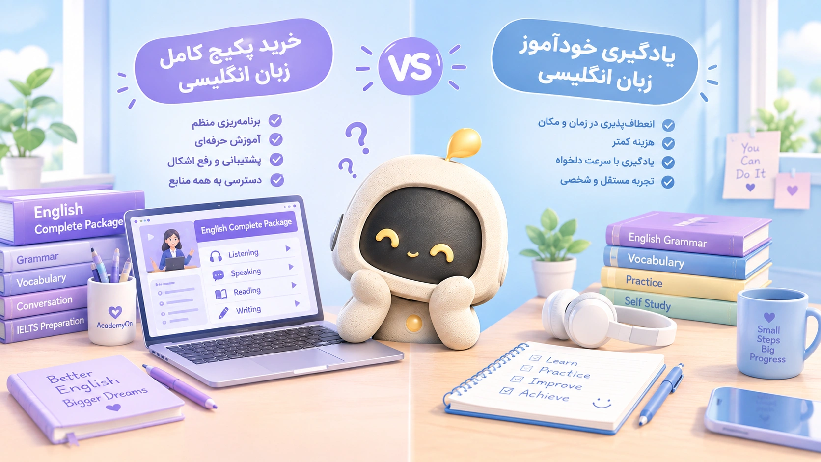 آنو در حال مقایسه یادگیری خودآموز با خرید پکیج کامل زبان انگلیسی