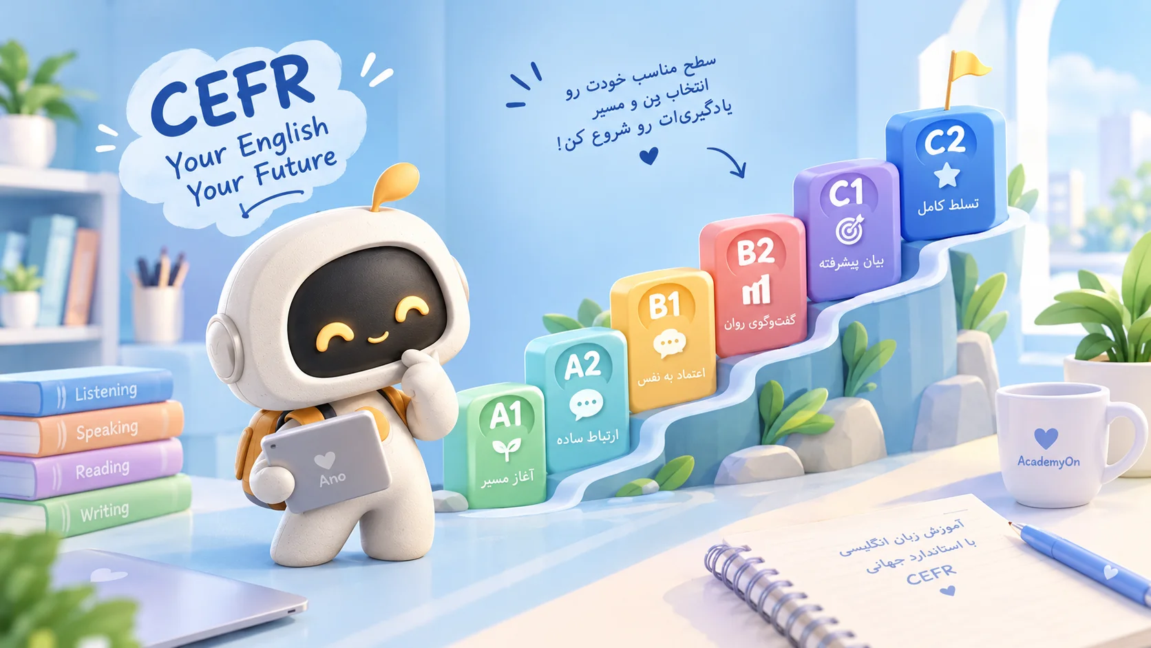 آنو در حال بررسی نمودار زبان انگلیسی سطح بندی CEFR برای شروع یادگیری اصولی