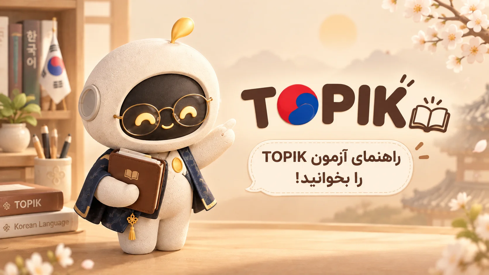 شخصیت آنو در حال معرفی آزمون تاپیک و راهنمای دریافت مدرک زبان کره‌ای